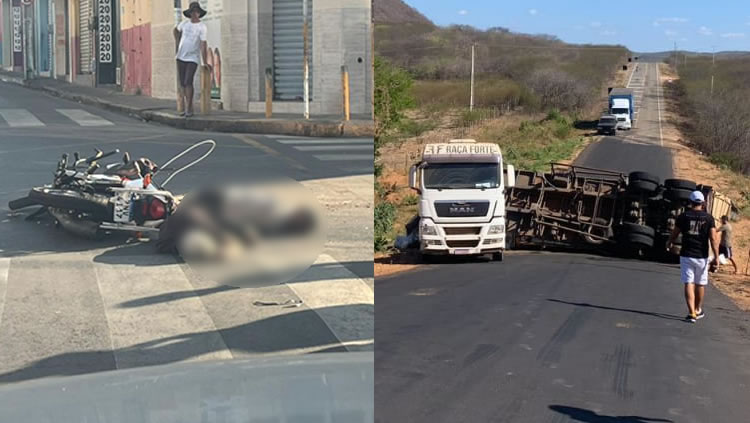 Ourives morre em Juazeiro na colisão moto/ônibus e carreta tomba em Mauriti