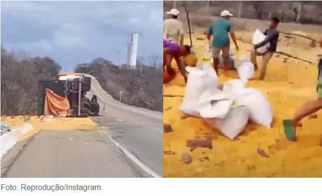 Carreta carregada de milho tomba na BR-222, em Sobral, e carga é saqueada