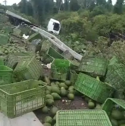 Caminhão carregado de frutas tomba e cai em barranco na BR-116