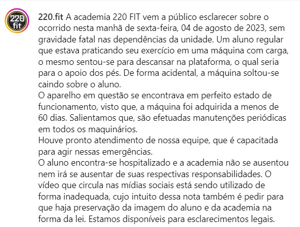 Máquina de musculação desaba sobre coluna de aluno em academia de Juazeiro do Norte