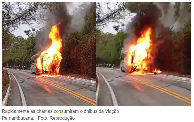Ônibus da Viação Pernambucana pega fogo na Subida da Serra em Crato