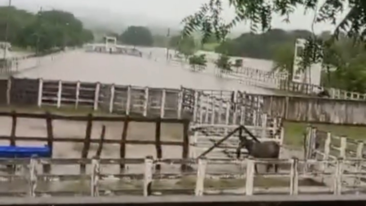 Barro: parque de vaquejada vira piscinão após chuva de 82 milímetros