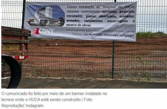 Construtora anuncia vagas de emprego para obra do Hospital Universitário, em Juazeiro do Norte