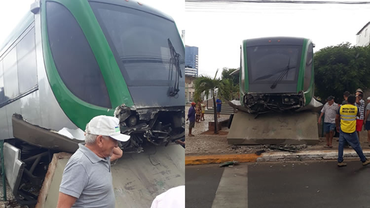 Metrô do Cariri passa direto e bate no muro de proteção da estação em Crato